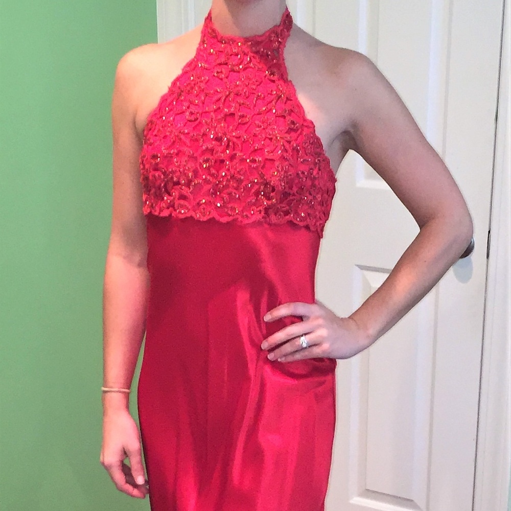 Red silk Halter Evening Gown